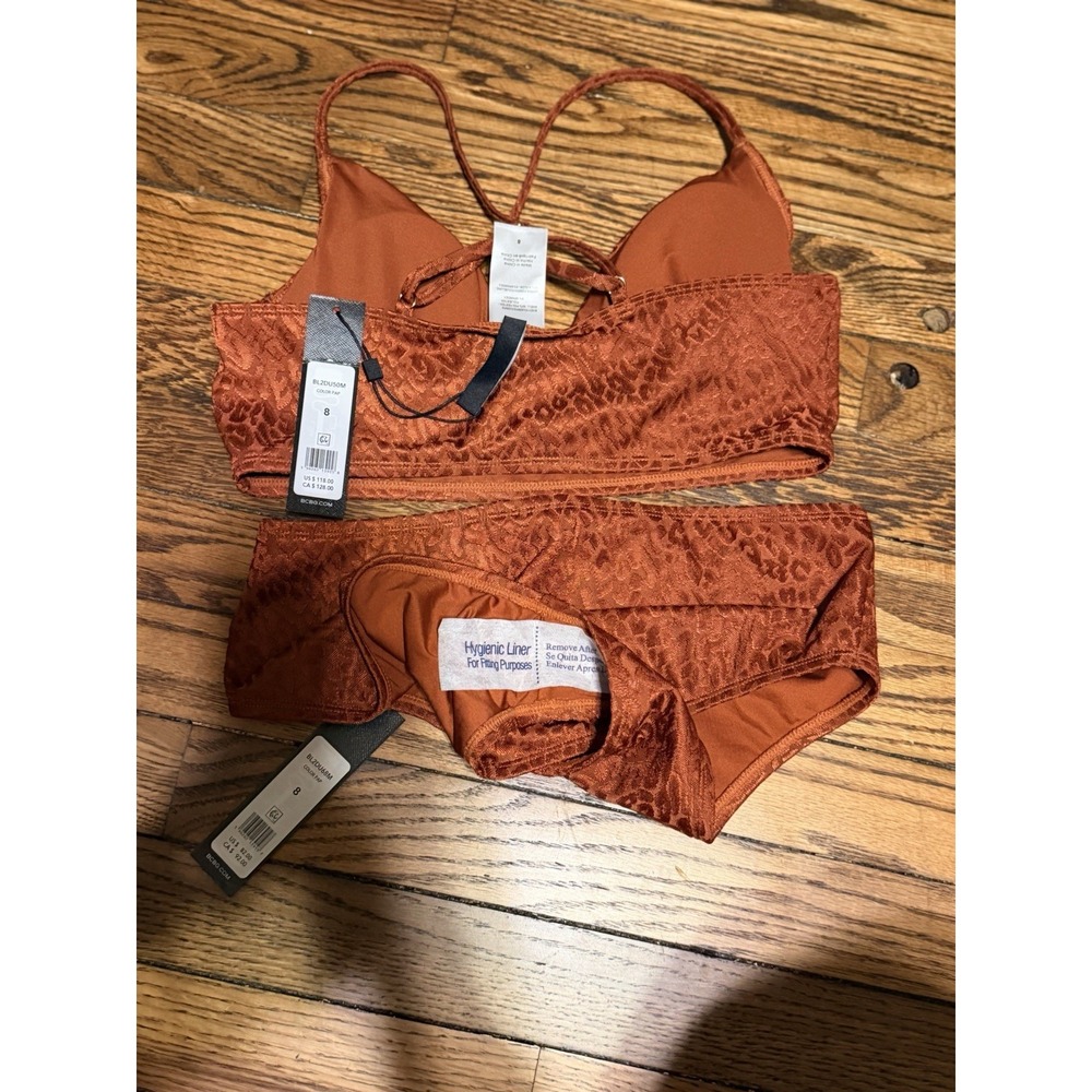 BCBGMAXAZRIA Animal print Longline top High Waist bottom swim Set Rust NWT Sz 8 - Picture 3 of 5